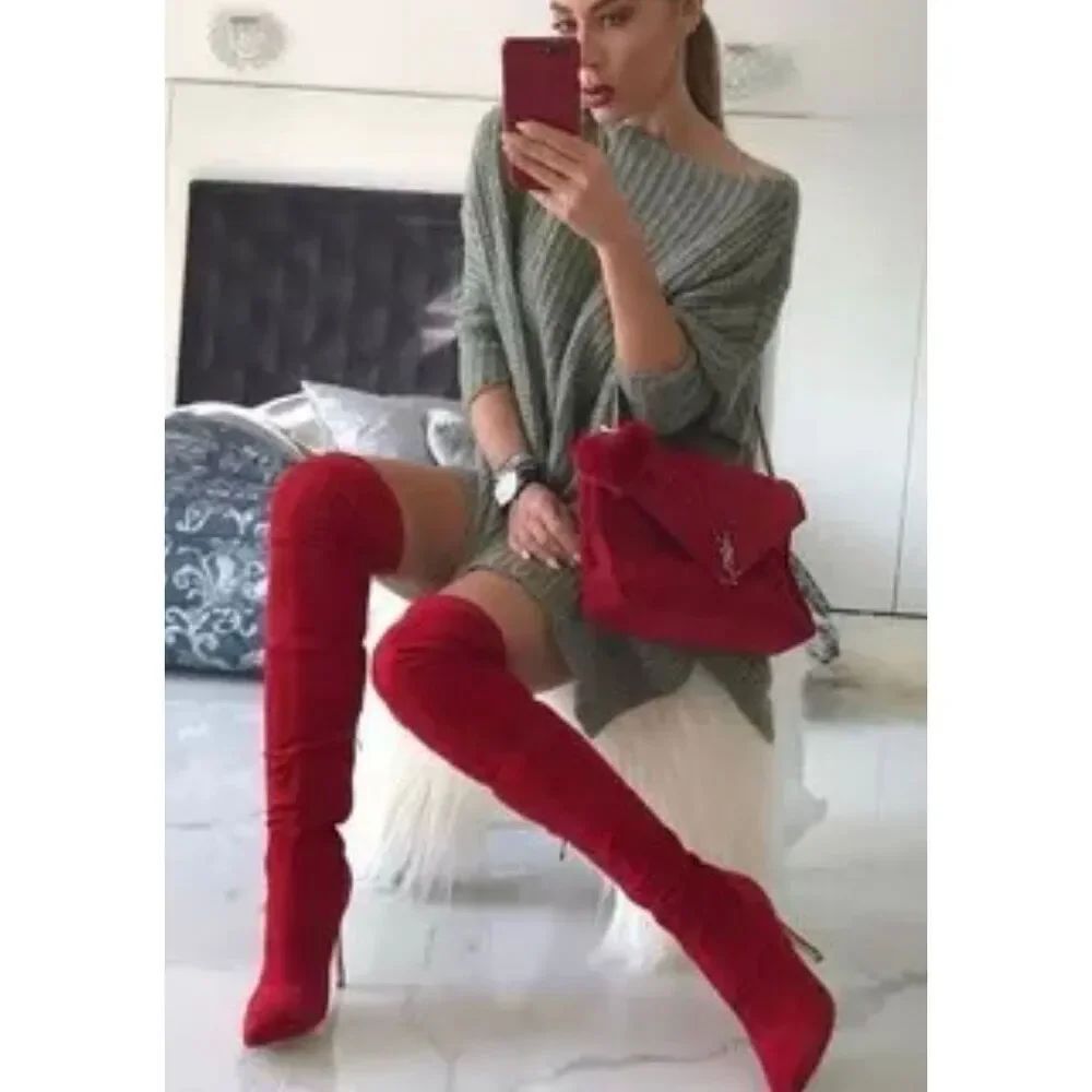 Vince Camuto Ashlina Over The Knee Suede Heeled Boots Red Size 7.5M